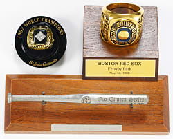 1980s Bob Gibson Estate Trophy Gifts (3) with 1967 World Series Replica Ring & (2) Old Timers Game Souvenirs