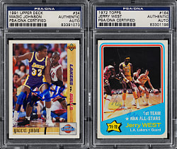 Los Angeles Lakers Hall of Fame Signed Card Pair with 1972-1973 Topps Jerry West & 1991-1992 Upper Deck Magic Johnson - Both PSA/DNA Authentic