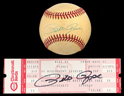 Pete Rose Signed Pair with All-Time Hits Record Full Ticket & Single-Signed ONL/Feeney Baseball
