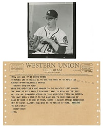 1956-1963 Warren Spahn Pair with File Photo & Telegram to Dizzy Dean