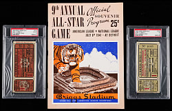 1935-1941 Detroit Tigers Significant Games Trio with (2) 1935 PSA Graded World Series Tickets Plus 1941 All Star Game Program