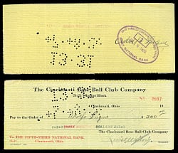 1920 Adolfo "Dolf" Luque Signed Cincinnati Reds Payroll Check - 1919 World Series Champ