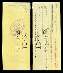 1920 Jimmy Ring Signed Cincinnati Reds Payroll Check - 1919 World Series Champ