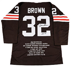 Jim Brown Single-Signed Limited-Edition Cleveland Browns Stats Jersey with "HOF 71" Inscription – JSA Certified