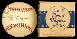 Exceptional Pie Traynor Single-Signed "Honus Wagner Co." Baseball with Original Box - Full JSA LOA