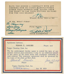 1950s Topps and Bowman Signed Player Agreement Postcards Pair - Ed Bouchet and Eddie Joost