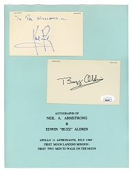 Neil Armstrong & Buzz Aldrin Signed Index Cards Pair on Apollo 11 Display - Full JSA LOA