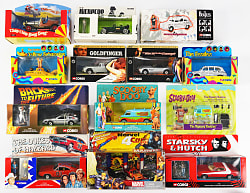 1990s-2000s Corgi/Johnny Lightning Pop Culture Vehicles Collection (57) in Original Packages with The Beatles, 007 & Spider-Man