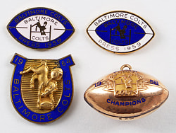 1958-1964 Baltimore Colts NFL Championship Game Press Pins/Charms (4) with Rare 1958 10K Gold Football Pendant