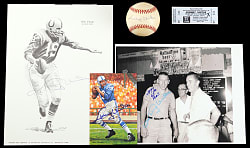 Johnny Unitas Signed Quartet With 1997 Goal Line Art & Single-Signed Baseball
