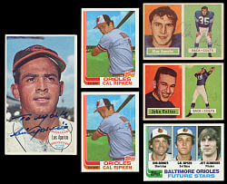 1957-1982 Baltimore Legends (6) with 1957 Topps #138 Unitas Rookie, #53 Ameche Signed & (2) 1982 Topps Traded #98T Ripken Jr. Rookies