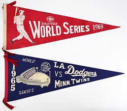 1965 Los Angeles Dodgers World Series Souvenir Selection (5) with Ticket Stub, Program, Bobblehead & (2) Pennants
