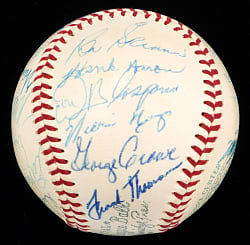 1958 National League All-Stars Team-Signed OAL/Harridge Baseball with (7) Hall of Famers Including Aaron, Banks & Mays