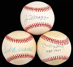 Joe DiMaggio, Carl Hubbell & Ted Williams (UDA) Single-Signed Baseball Trio