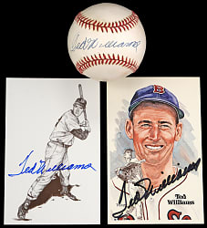 Ted Williams Signed Trio with Baseball & (2) Postcards Including Perez-Steele