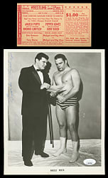 1961 Angelo Poffo (Randy Savage's Father) & Bronko Lubich Match Ticket plus Dual-Signed 8x10 Vintage Photo