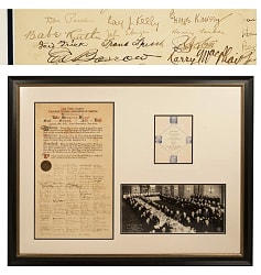 Lot # 5: Babe Ruth Signed 1941 50th Anniversary of the Hot Dog Testimonial Framed Display with Proclamation Signed by (135) Including Babe Ruth, Ed Barrow & Ford Frick – PSA/DNA LOA