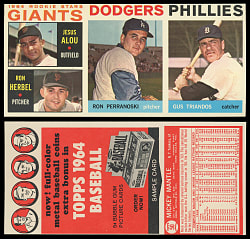 1964 Topps 3-Card Salesman Sample Panel with #50 Mickey Mantle Back - Giants Rookie/Perranoski/Triandos