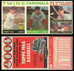 1964 Topps 3-Card Salesman Sample Panel with #50 Mickey Mantle Back - A.L. E.R.A. Leaders/Broglio/Hall