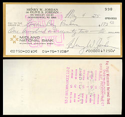 1975 Henry Jordan Signed Check