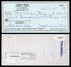 2001 Johnny Unitas Signed Check - JSA Certified