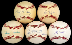 Tougher New York Yankees Single-Signed Baseball Quintet with Berra, Dickey, Hunter, Lopat & Martin - Each PSA/JSA
