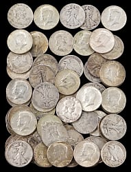 1930s-1960s Silver Half Dollars (70) with Walking Liberty, Franklin & JFK Types