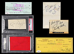 Actors & Actresses Signed Cuts & Checks Group (6) with (2) Douglas, Heston, Fonda, Stewart & Bacall - All Certed