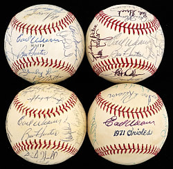 1969-1972 Baltimore Orioles Team-Signed Baseball Consecutive Season Run (4) with (99) Total Signatures Including B. Robinson, F. Robinson, Palmer, Weaver & Powell