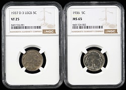 1936-1937 Buffalo Nickel NGC Graded Coins (2) with 1937-D 3Legs VF25 & 1936 MS65