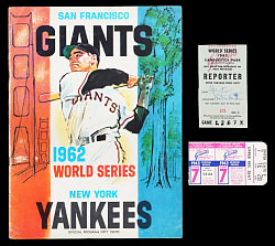 1962 World Series Trio with Press Pass, Program & Game 7 Ticket Stub - Yankees 20th Championship