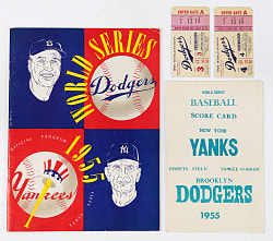 1955 Brooklyn Dodgers Versus New York Yankees Gameday Souvenirs (4) with Program, Scorecard & (2) Ticket Stubs