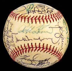 1970 Baseball Writers Association Dinner Multi-Signed Baseball with (27) Signatures Including (7) Hall of Famers : Hank Greenberg, Steve Carlton, Joe Cronin