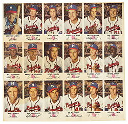 Ultra Rare 1954 Johnston Cookies Milwaukee Braves Uncut Sheet Pair with (34/35) Near Set Including Hank Aaron Rookie