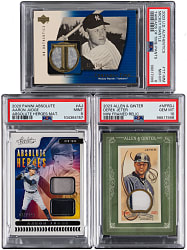 2003-2020 New York Yankees Superstar Game-Used Relic PSA Graded Trio with Mickey Mantle, Aaron Judge & Derek Jeter GEM MINT 10