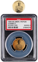 1896-1898 American Pepsin Gum/Whitehead & Hoag Boxing Pin Pair with James Corbett PSA GOOD 2 & Robert Fitzsimmons