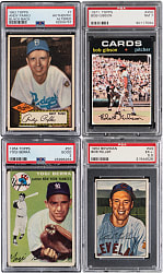 1952-1971 Topps & Bowman Key Card PSA Graded Quartet with (3) Hall of Famers Plus 1952 Topps #1 Andy Pafko