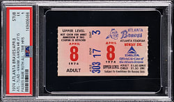 April 8, 1974 Atlanta Braves Versus Los Angeles Dodgers Ticket Stub - PSA EX 5 - Hank Aaron Home Run #715 Passes Babe Ruth!