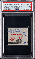 October 2, 1974 Atlanta Braves Versus Cincinnati Reds Ticket Stub - PSA VG 3 - Hank Aaron Final Game with Braves!