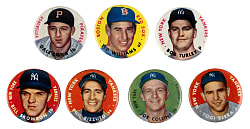 1956 Topps Pins Collection (7) with (3) Hall of Famers Including Berra, Rizzuto & T. Williams