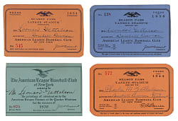 1930-1944 New York Yankees Press Season Passes (4) with 1936 World Series Champions/DiMaggio Rookie Season