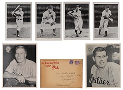 1942 Philadelphia Phillies Picture Pack Photos (26) with Original Mailer Plus 1950 Phillies Bulletin Partial Set (11/24) Including Richie Ashburn & Robin Roberts