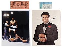 1965 Muhammad Ali vs. Sonny Liston II Full Ticket Plus Ali Signed Photo from 1997 National Convention