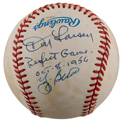 Don Larsen and Yogi Berra Dual-Signed OAL/Brown Baseball with "Perfect Game OCT-8-1956" Inscription