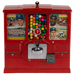 1950s Premiere Card and Gum Vending Machine with Key, Gumballs & (4) 1956 Topps Cards Hall of Famers Mathews, Campanella & Reese