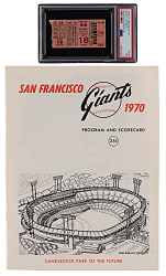 July 18, 1970 San Francisco Giants (vs. Montreal Expos) Willie Mays 3000th Hit Ticket Stub PSA NM 7 (Pop 1) & Neatly Scored Program Pair