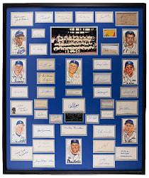 1955 World Champion Brooklyn Dodgers Display with (39) Signatures Including Robinson, Campanella & Hodges - Full JSA LOA