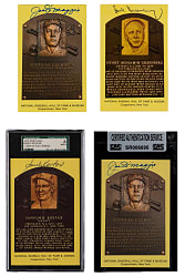 Signed Yellow Hall of Fame Postcard Quartet with (2) Joe DiMaggio, Hank Greenberg & Sandy Koufax
