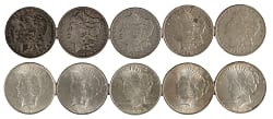 1881-1923 U.S. Silver Dollars (10) with (5) Morgan & (5) Peace