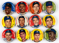 1956 Topps Pins Near Complete Set (53/60) with Aaron, Mays, J. Robinson & T. Williams
